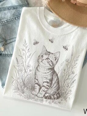 Cute Cat Shirt, Retro Cat Floral Tee, Cat Lover Gift